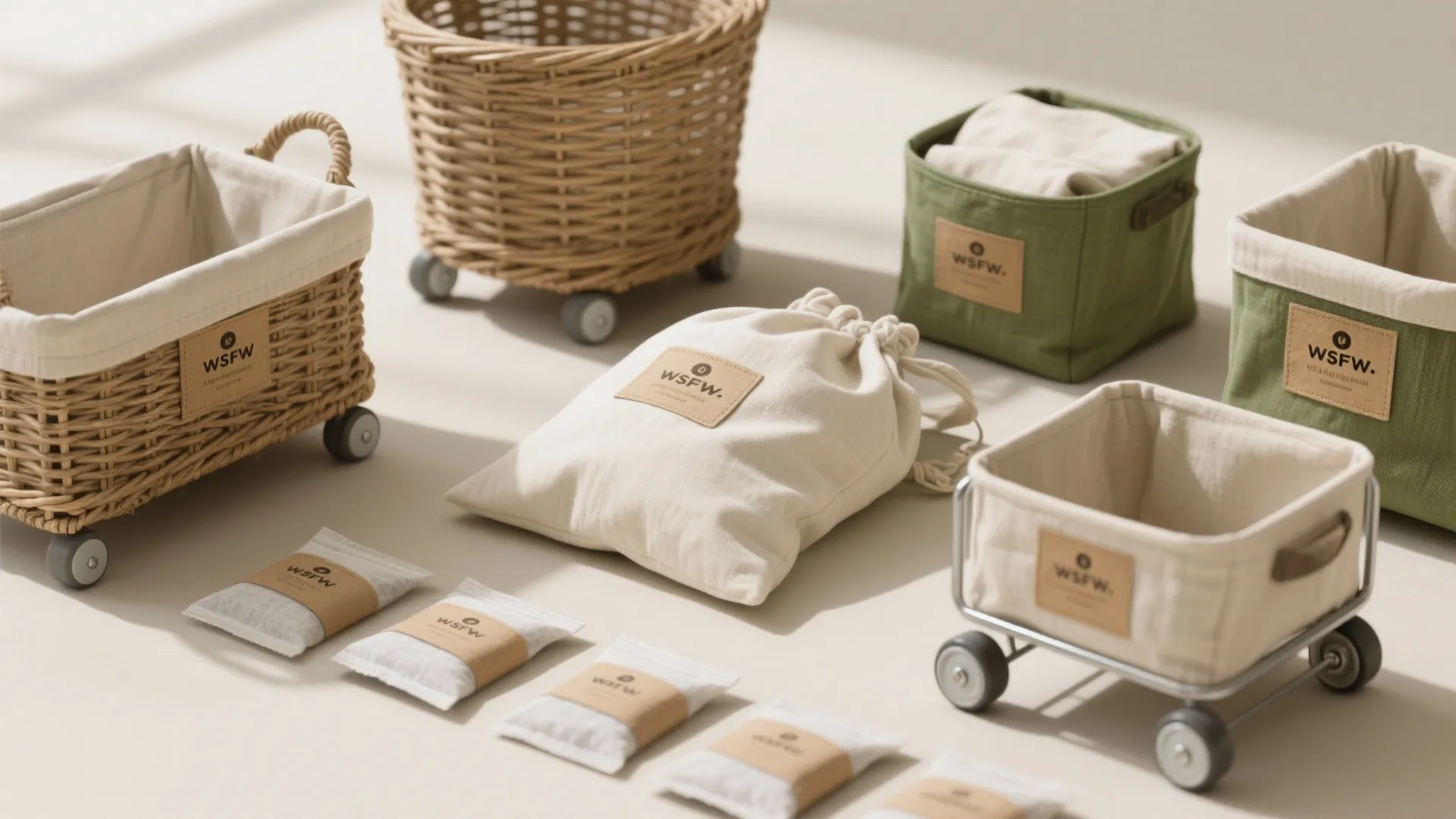 Various storage baskets with wheels green fabric bins white cloth bags and small scent packets