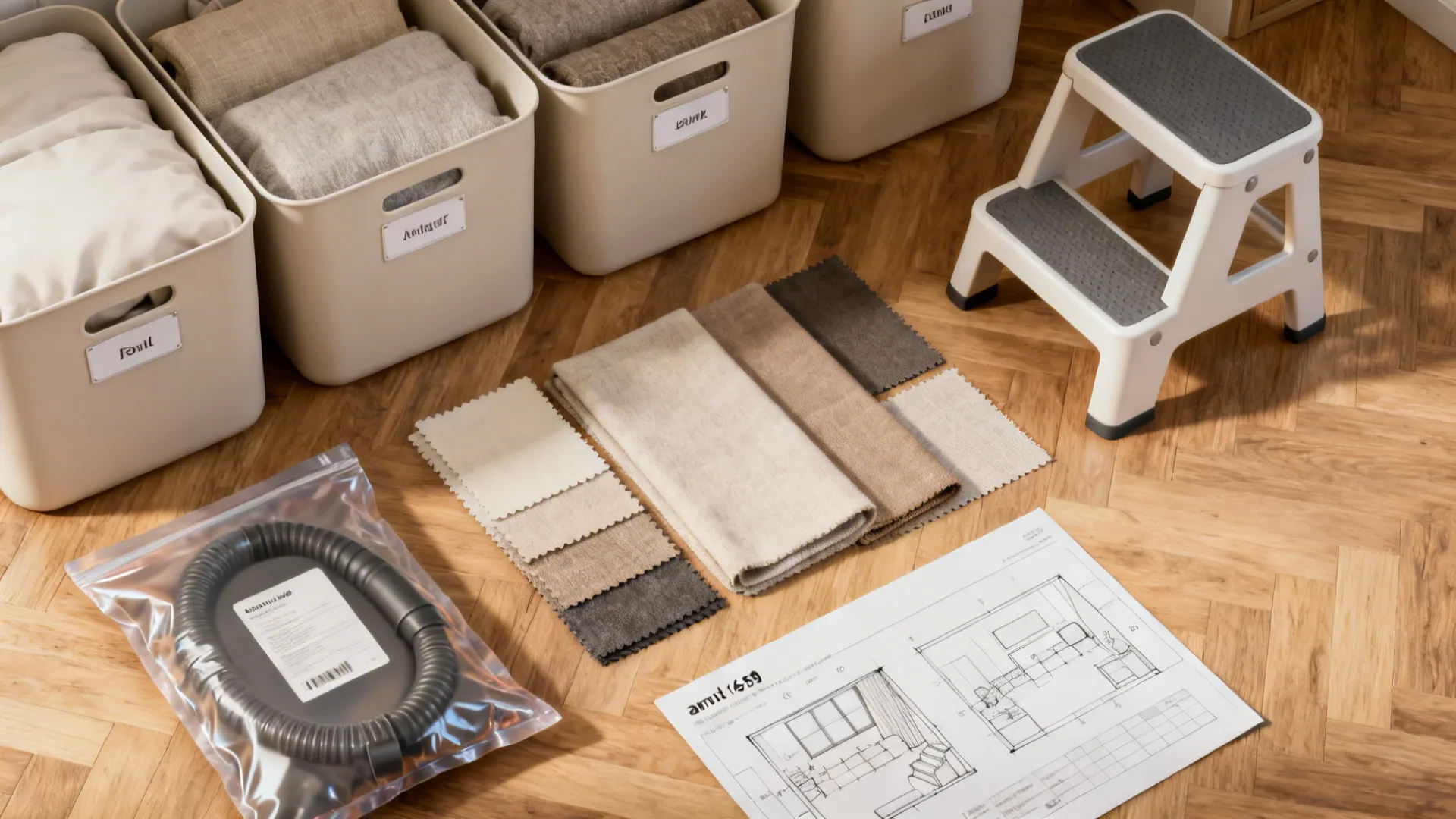 Flatlay of labeled bins, fabric swatches, step stool, vacuum bag and room planner printout.