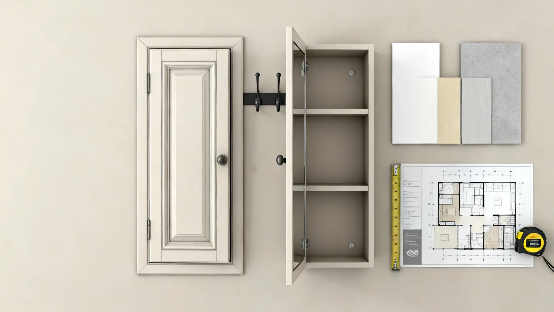 Flatlay of vertical storage solutions and planning tools for tight bathrooms