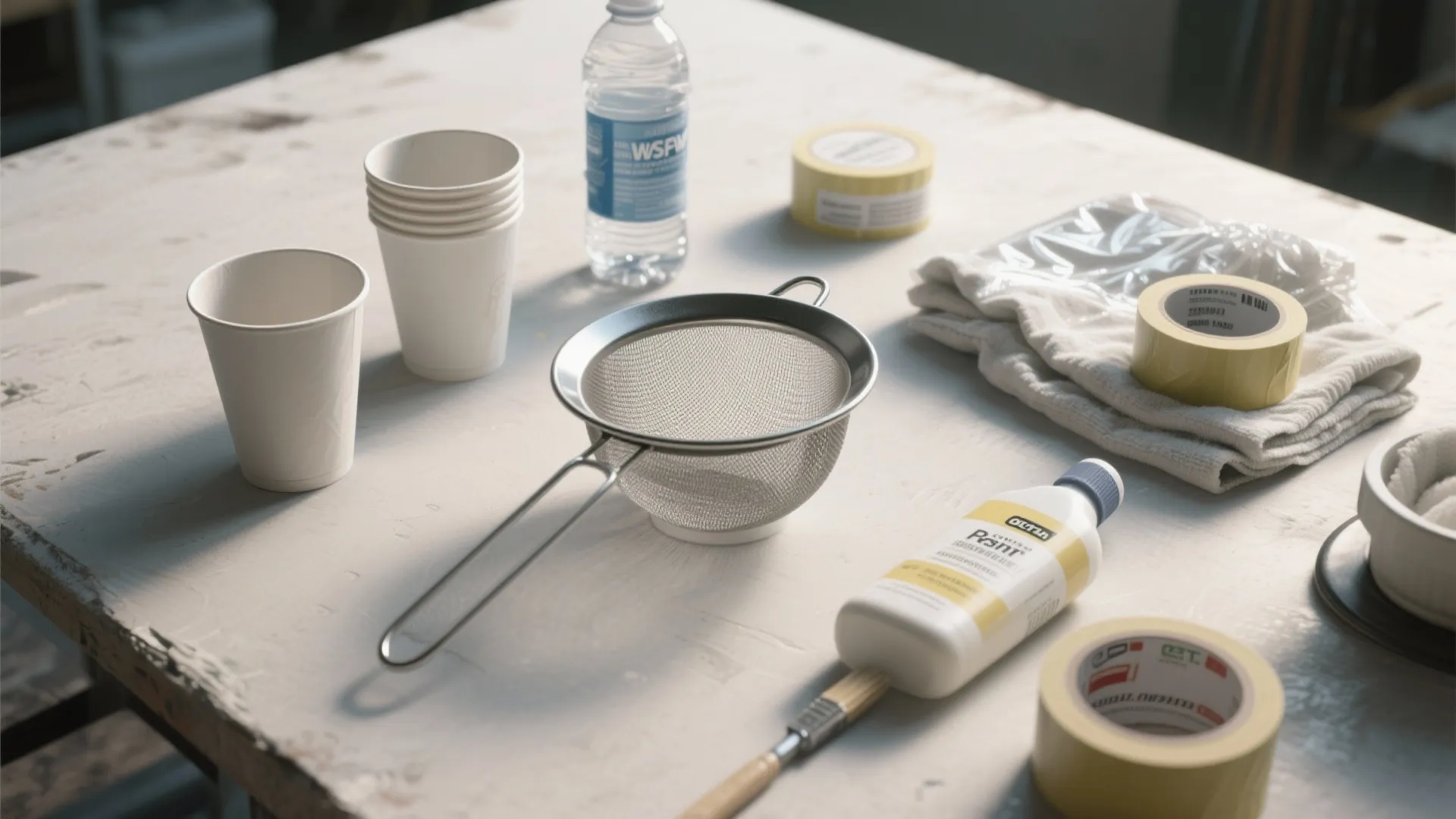 Various home painting tools like tape paper cups and a metal strainer on a table