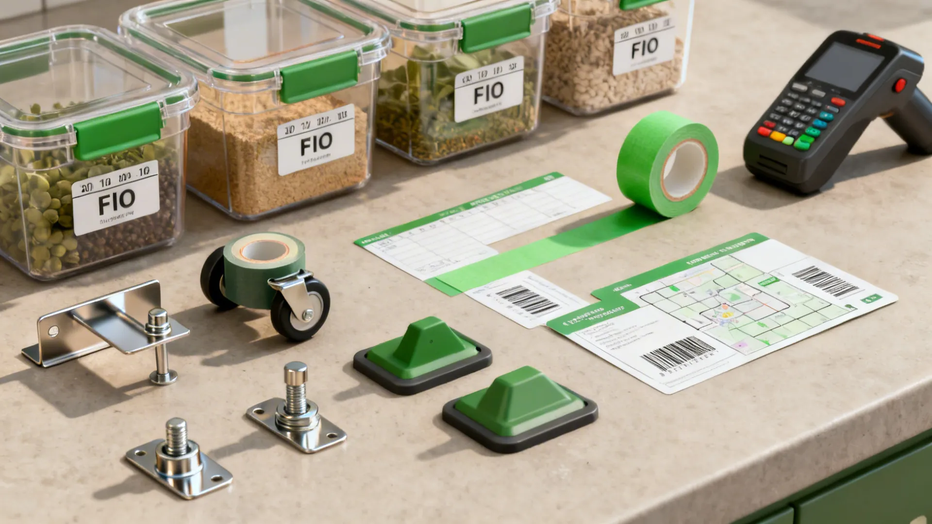 Flat-lay of FIFO bins, color tapes, shelf clips, caster locks, and a barcode scanner