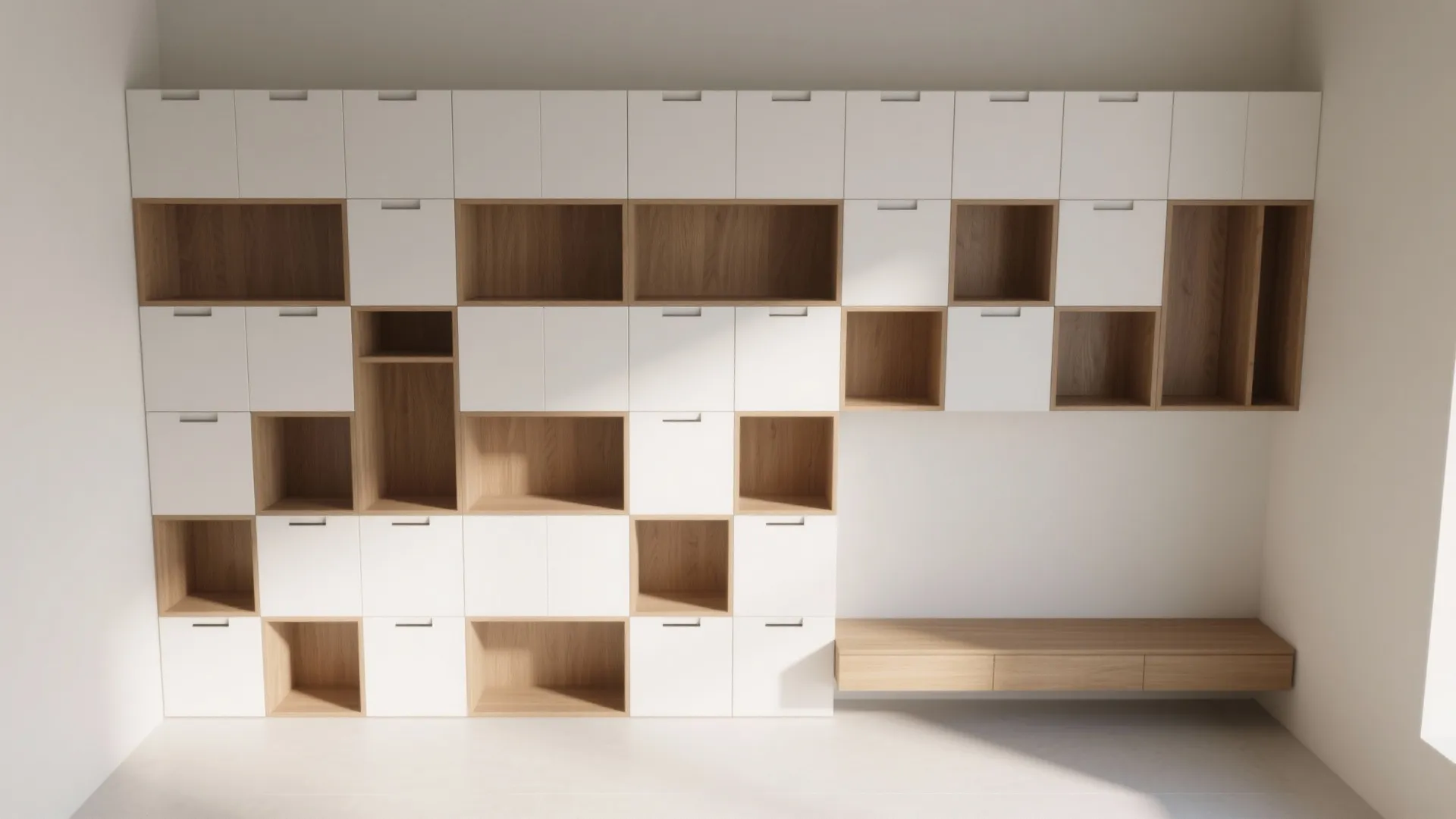 Modern wall mounted cabinet system with white doors and wooden open shelves in a room