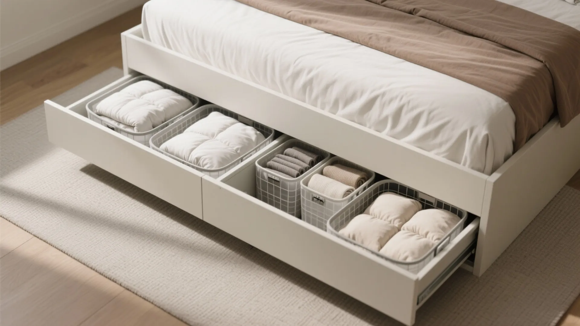 White bed frame with an open drawer showing several storage baskets filled with neatly folded