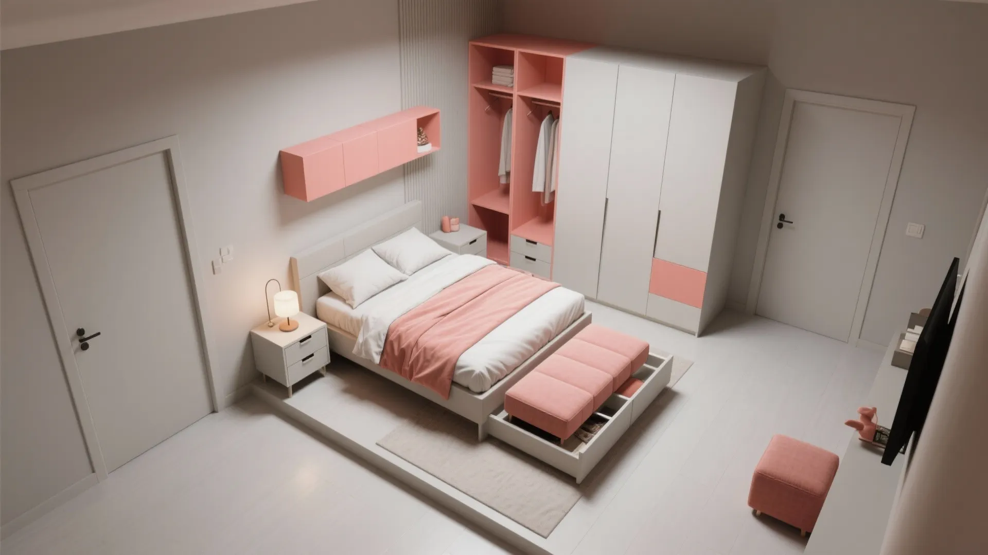 Top-down layout of a small bedroom showing minimalist storage, a bed with coral accents, and clear circulation.