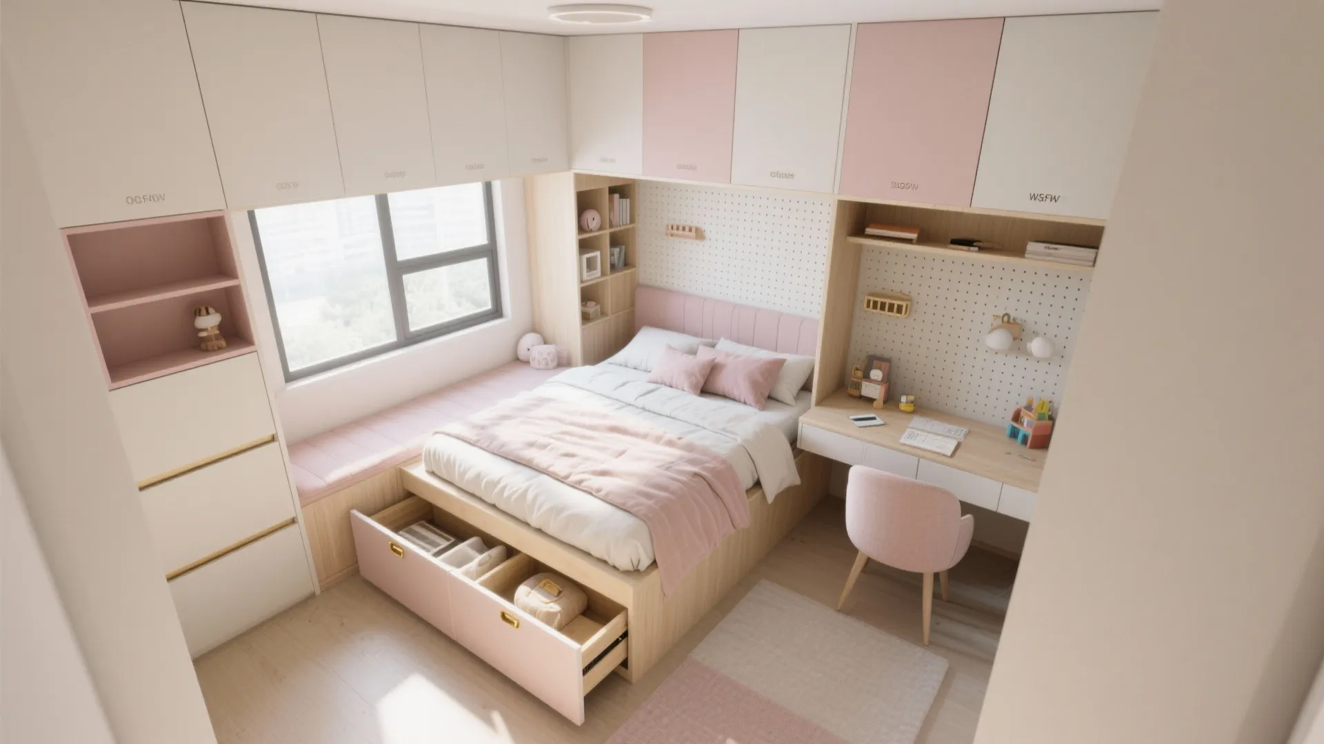 2) Hidden Storage: Window Seat, Underbed Drawers, and Pegboard Walls