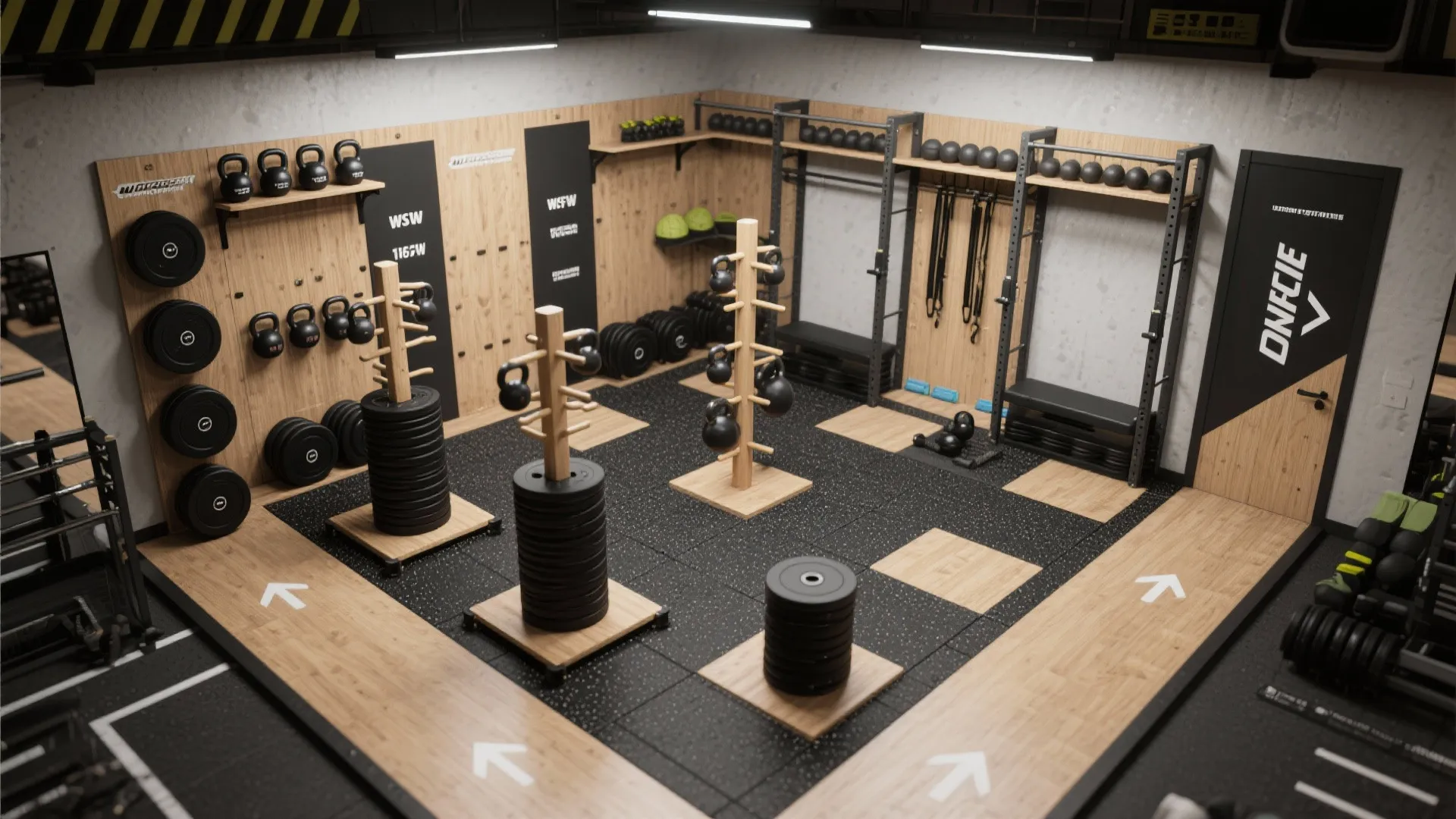 Top-down view of stackable and mobile storage solutions with marked circulation paths in a compact gym plan.