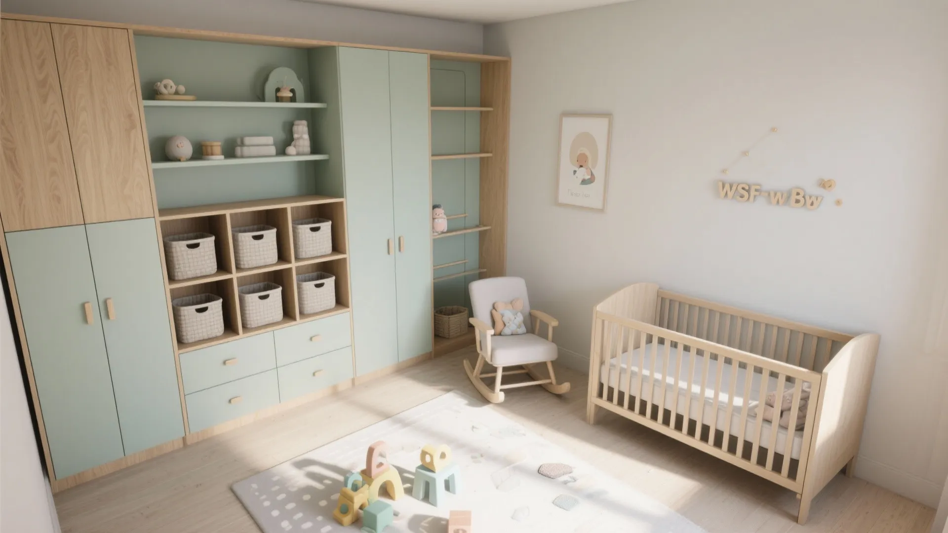 Top down view of a light green and wood nursery with large wardrobe and crib