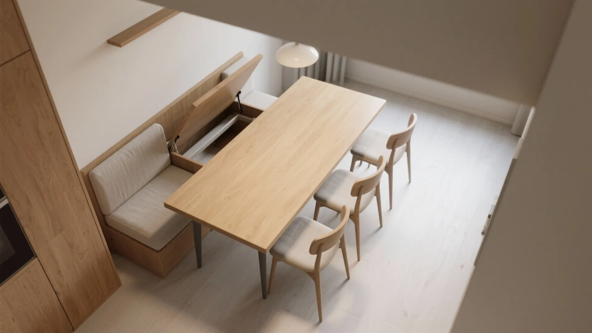 Top view of wooden dining table with chairs and bench featuring hidden storage under seat