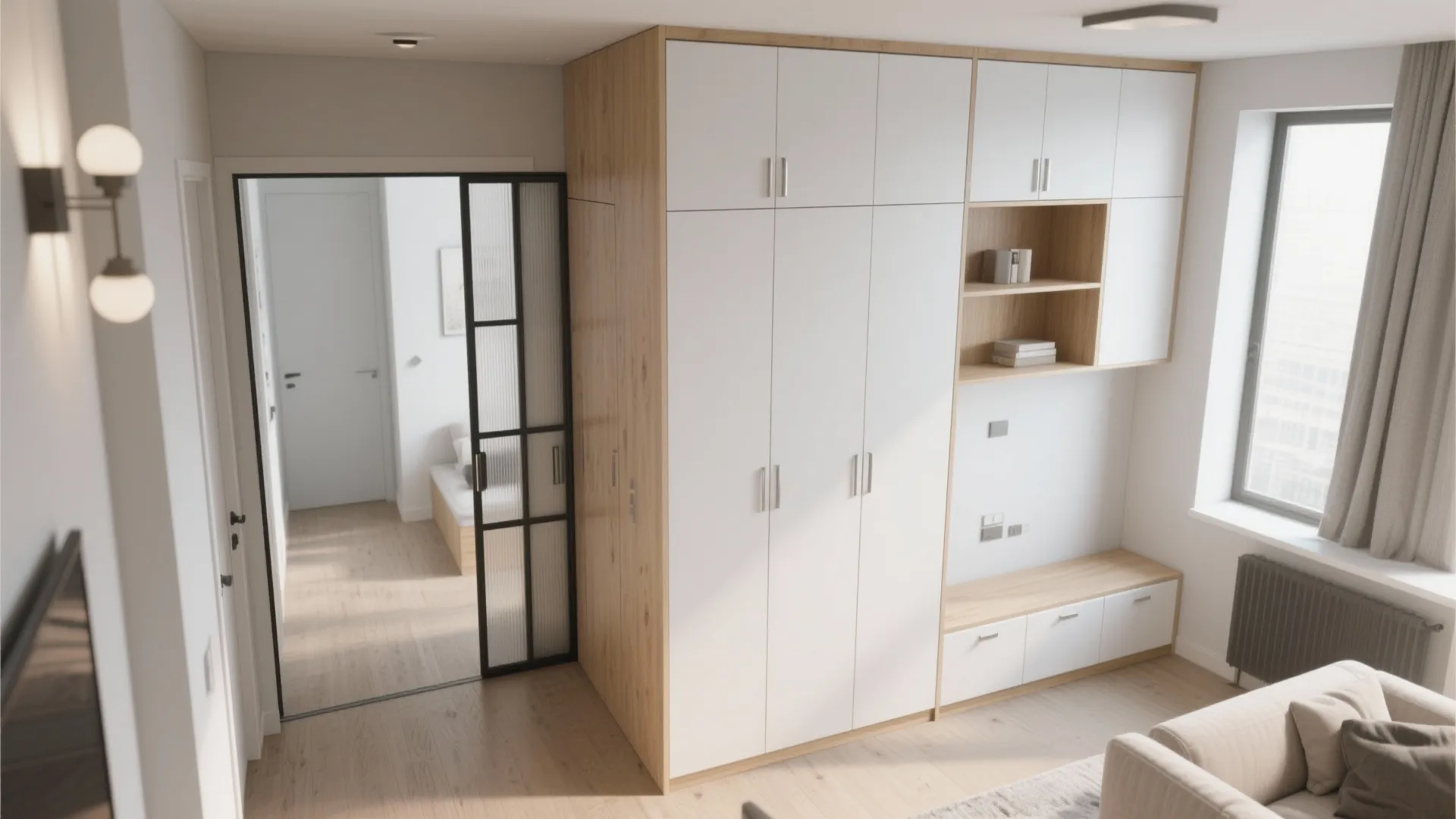 Storage walls and sliding doors that save space