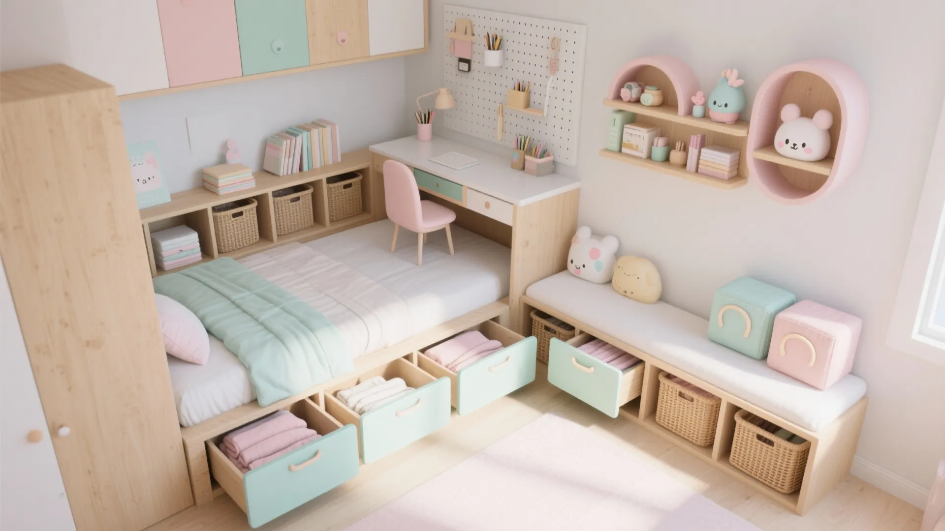 Top view of a child bedroom with built-in bed storage drawers and pastel color room layout