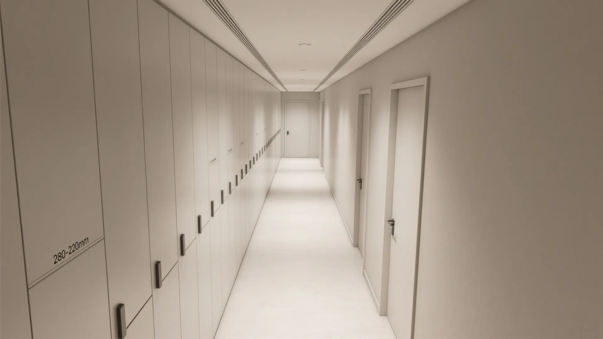 Minimalist white hallway with long row of cabinets on left and white doors on right