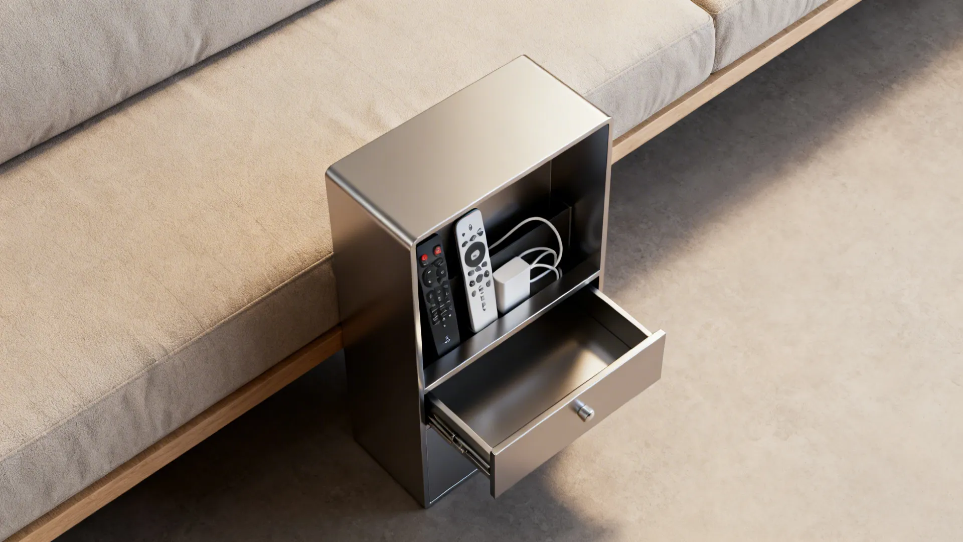 Top-down view of a compact metal end table with a shelf and drawer beside a sofa.