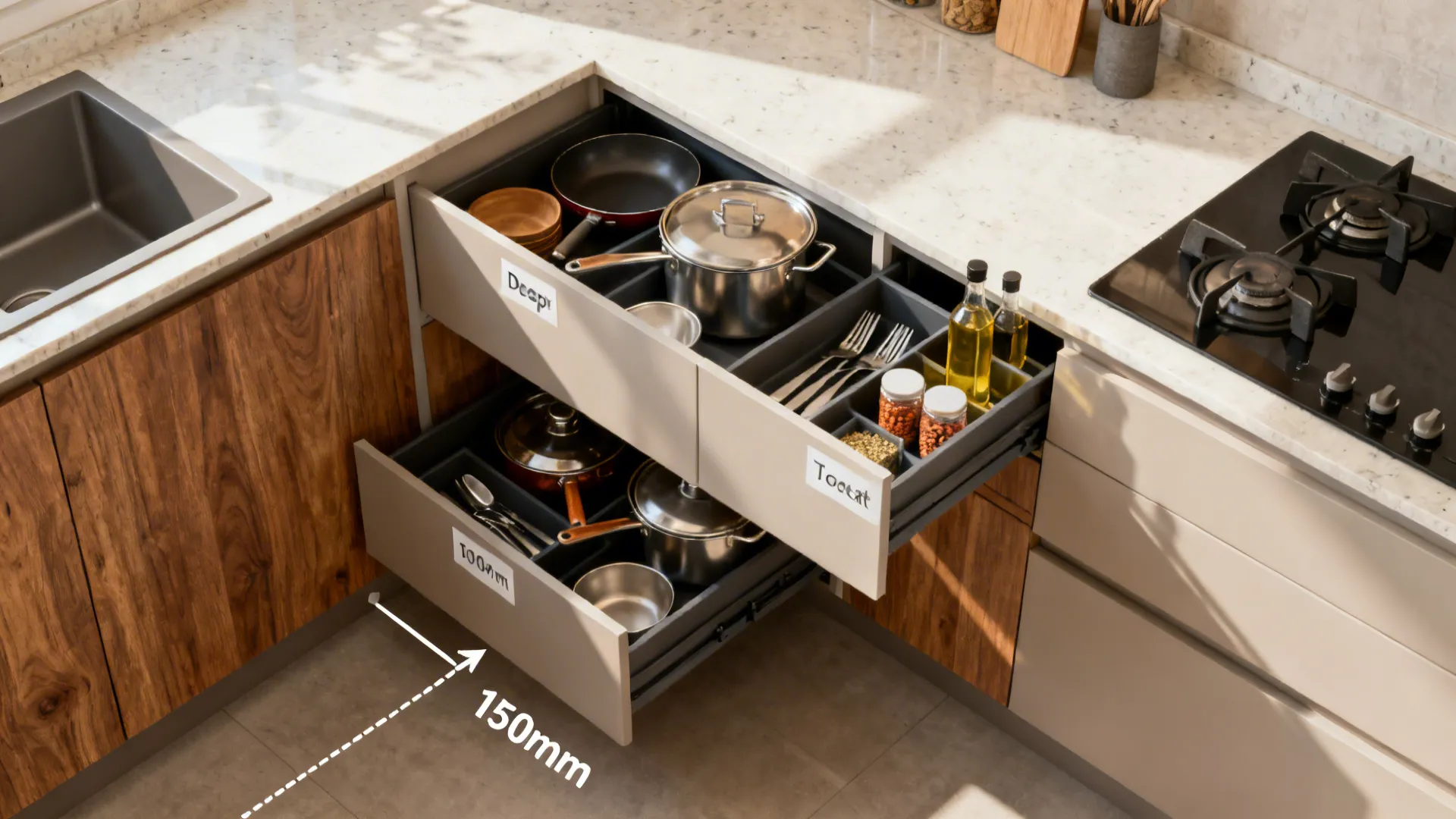 Top-down view of compact kitchen storage zones with deep drawers and a slim spice pull-out.