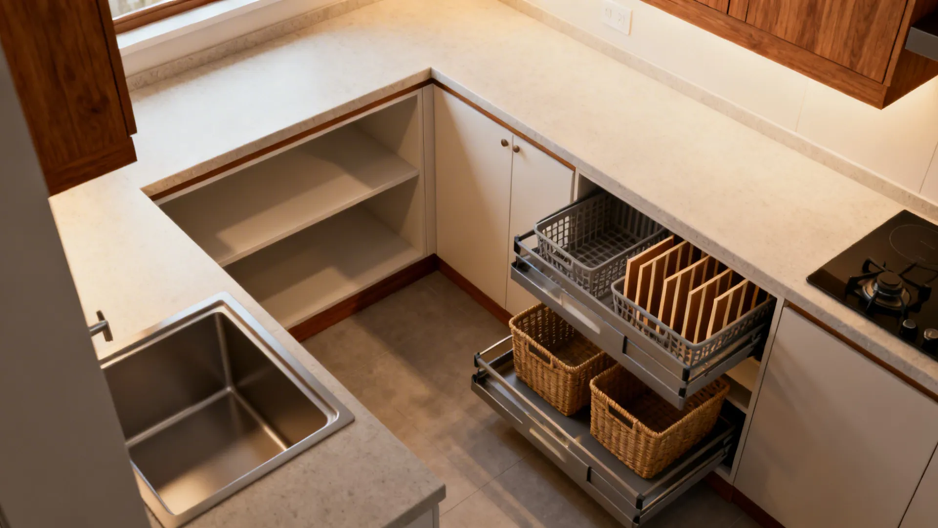 Top-down view comparing cabinet shelves before and after with pull-outs and dividers.