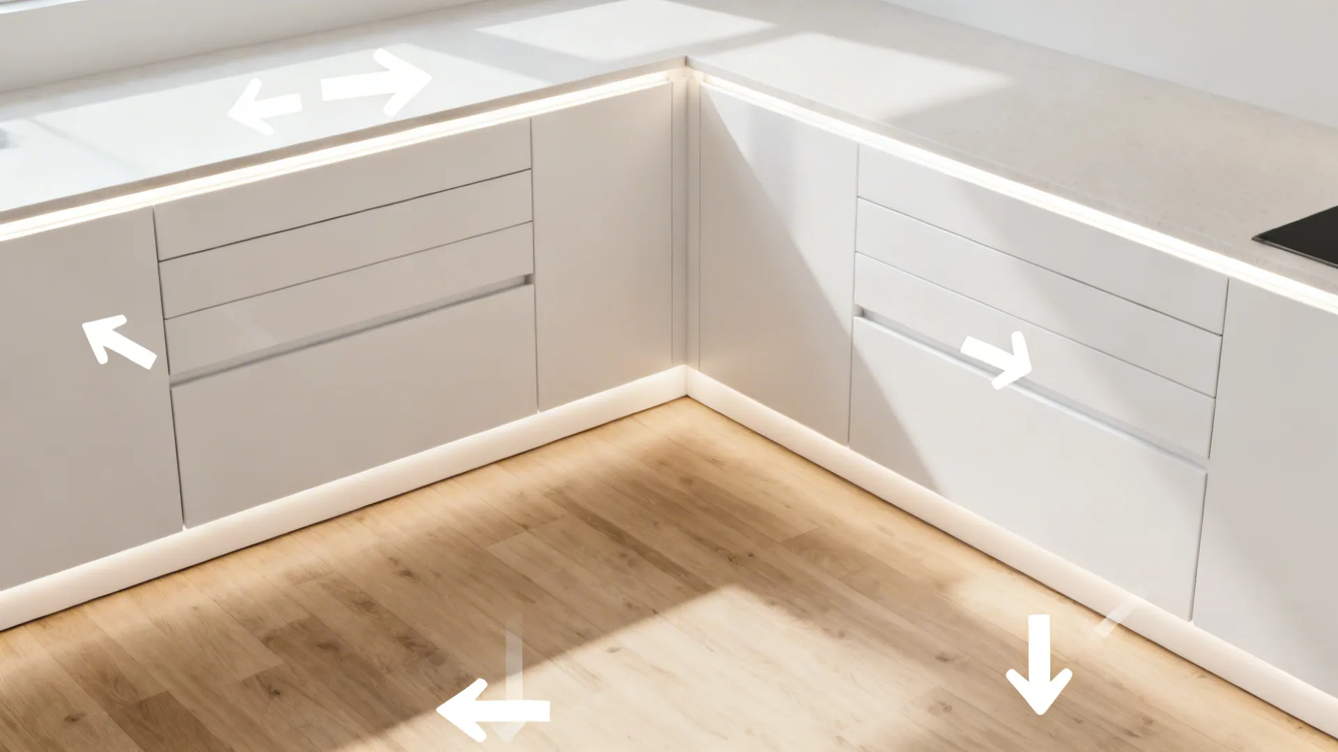 Close-up of white kitchen cabinets with light strips and white arrows showing drawer storage space