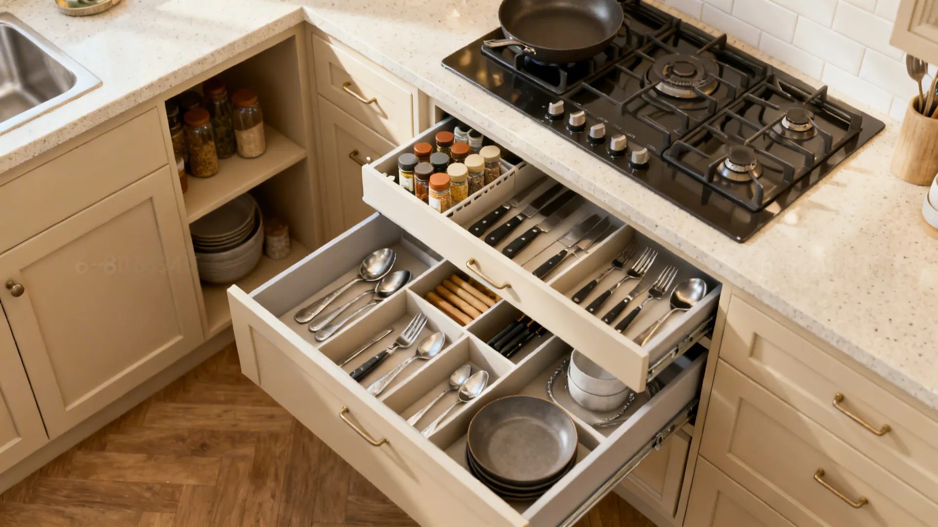 Top-down view of open kitchen drawers organized with silver cutlery spice jars and ceramic plates