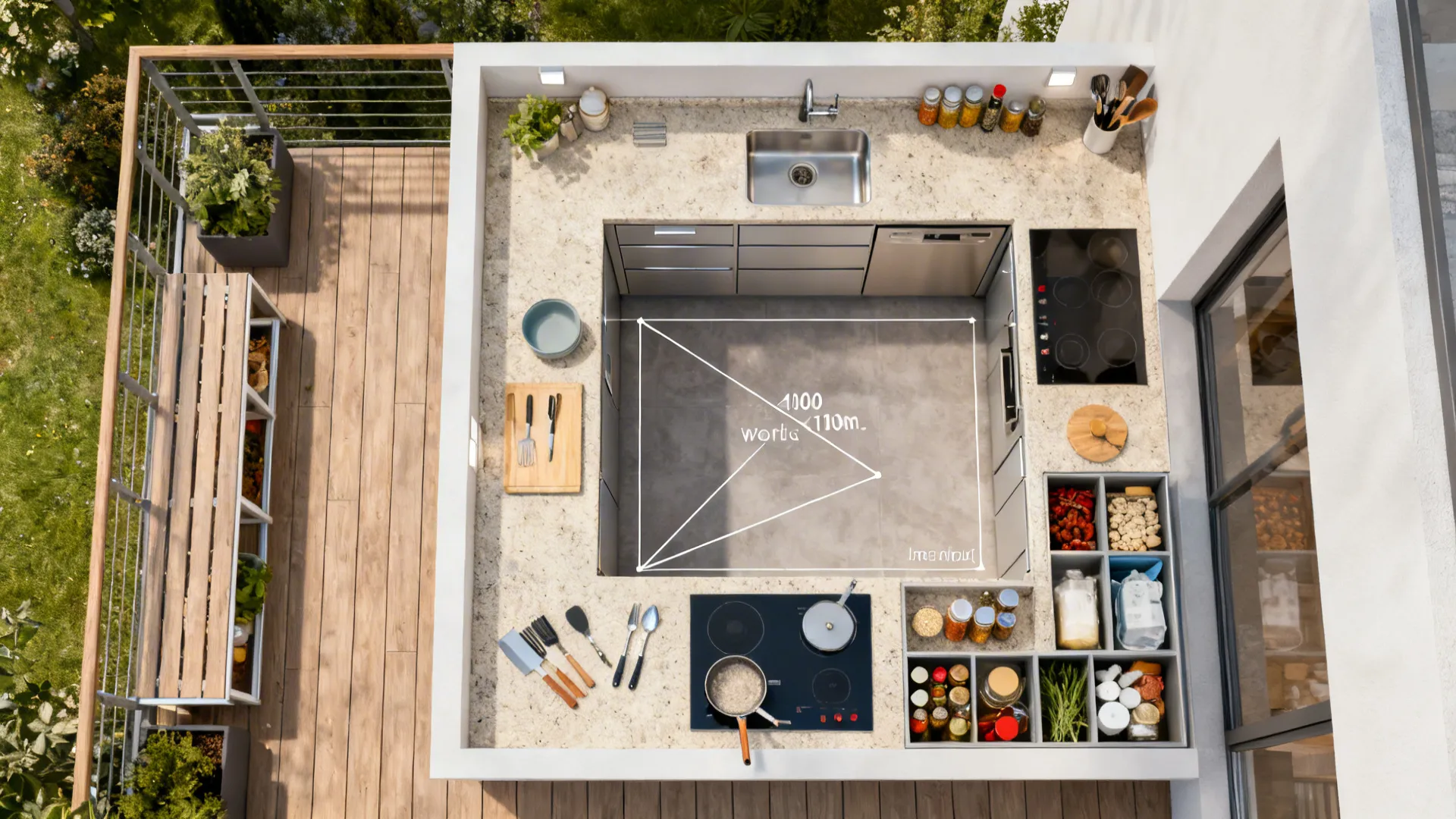 Top-down view of a small outdoor kitchen with clearly zoned storage and spacious clearances.