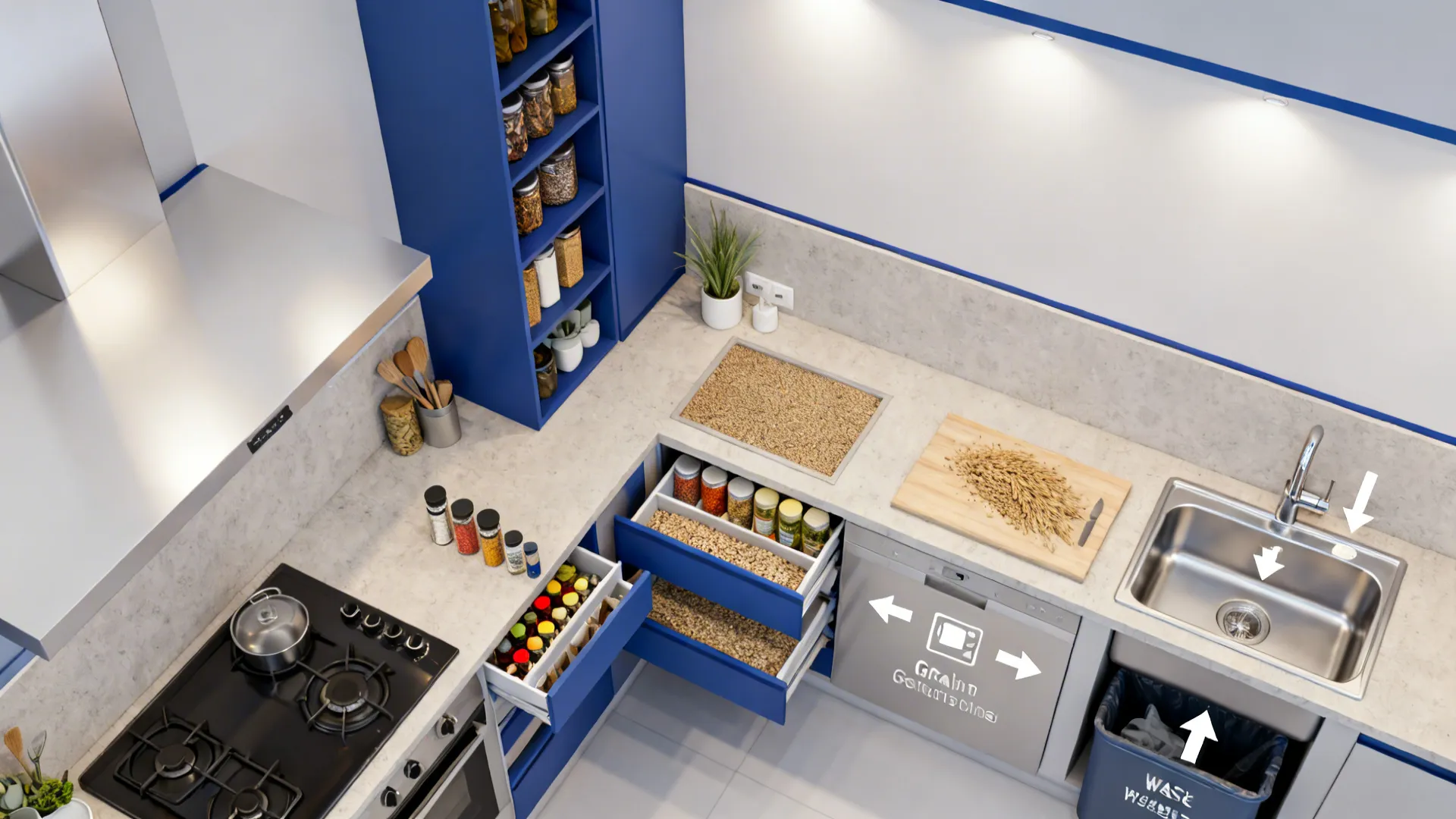Smart storage: pull-outs, verticals, and a pantry column