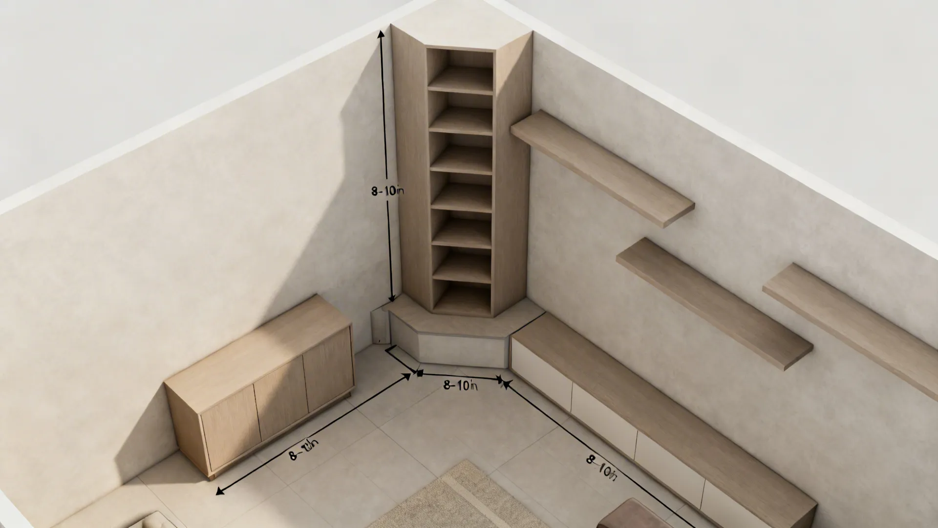 Top-down view of a corner with floating shelves and a compact cabinet showing clearances.