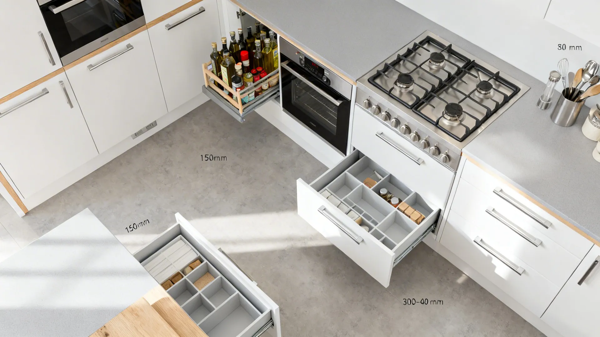 Top-down view of compact kitchen run with shallow wall units and a slim pull-out for spices.