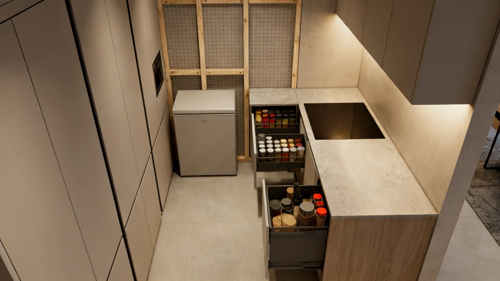 Top-down plan showing vertical cabinets, shallow pull-outs, and a modular pegboard wall.