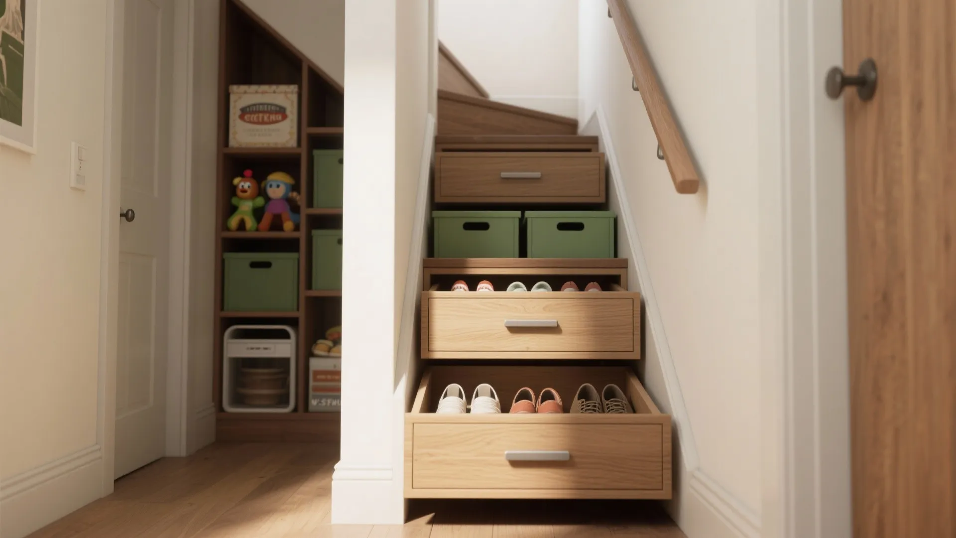 Wooden staircase featuring built in storage drawers filled with shoes and small green storage boxes