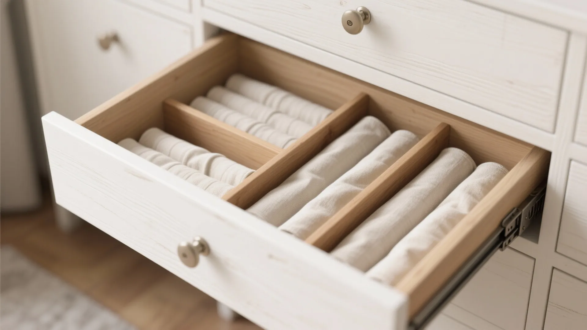 Open white cabinet drawer with wooden dividers organizing rolled neutral clothes in a clean bedroom space