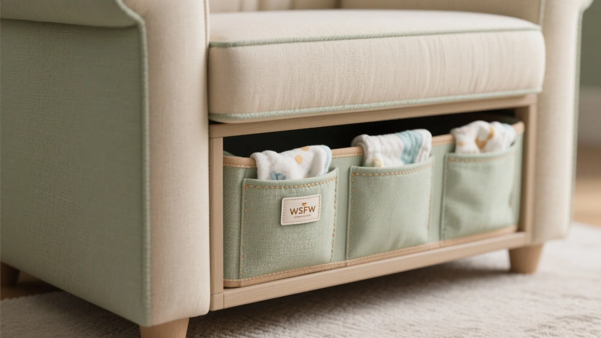 Close-up of a glider's storage-forward upholstery showing side pockets, hidden base storage, and washable fabric texture.