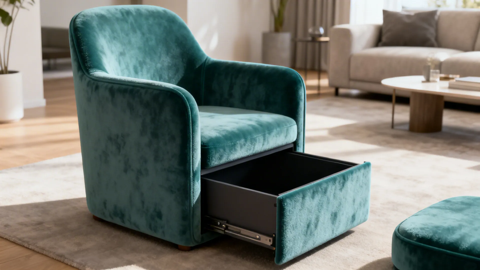 Compact velvet chair with built-in storage opened to show hidden compartment in a tiny living room