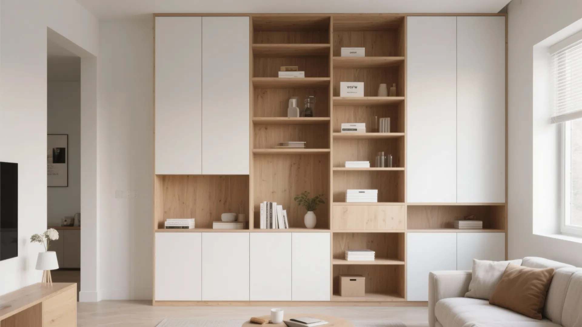 Large wooden and white storage cabinet wall with open shelves books and minimalist living room decor