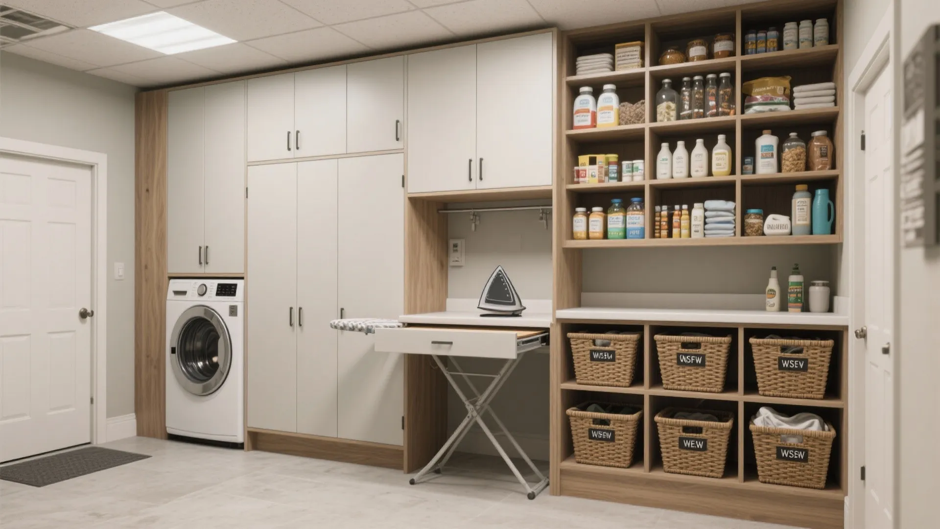 4. Integrated Storage Wall with Pull-Out Hampers