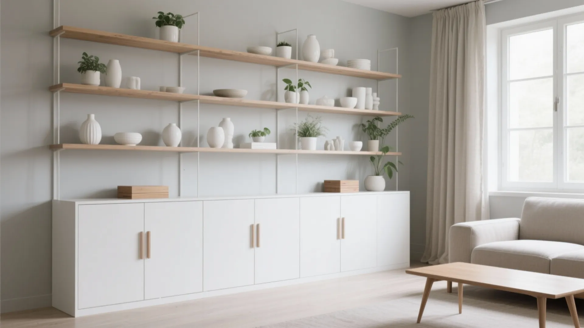 Minimalist living room with white storage cabinet wooden wall shelves neutral sofa and light curtains
