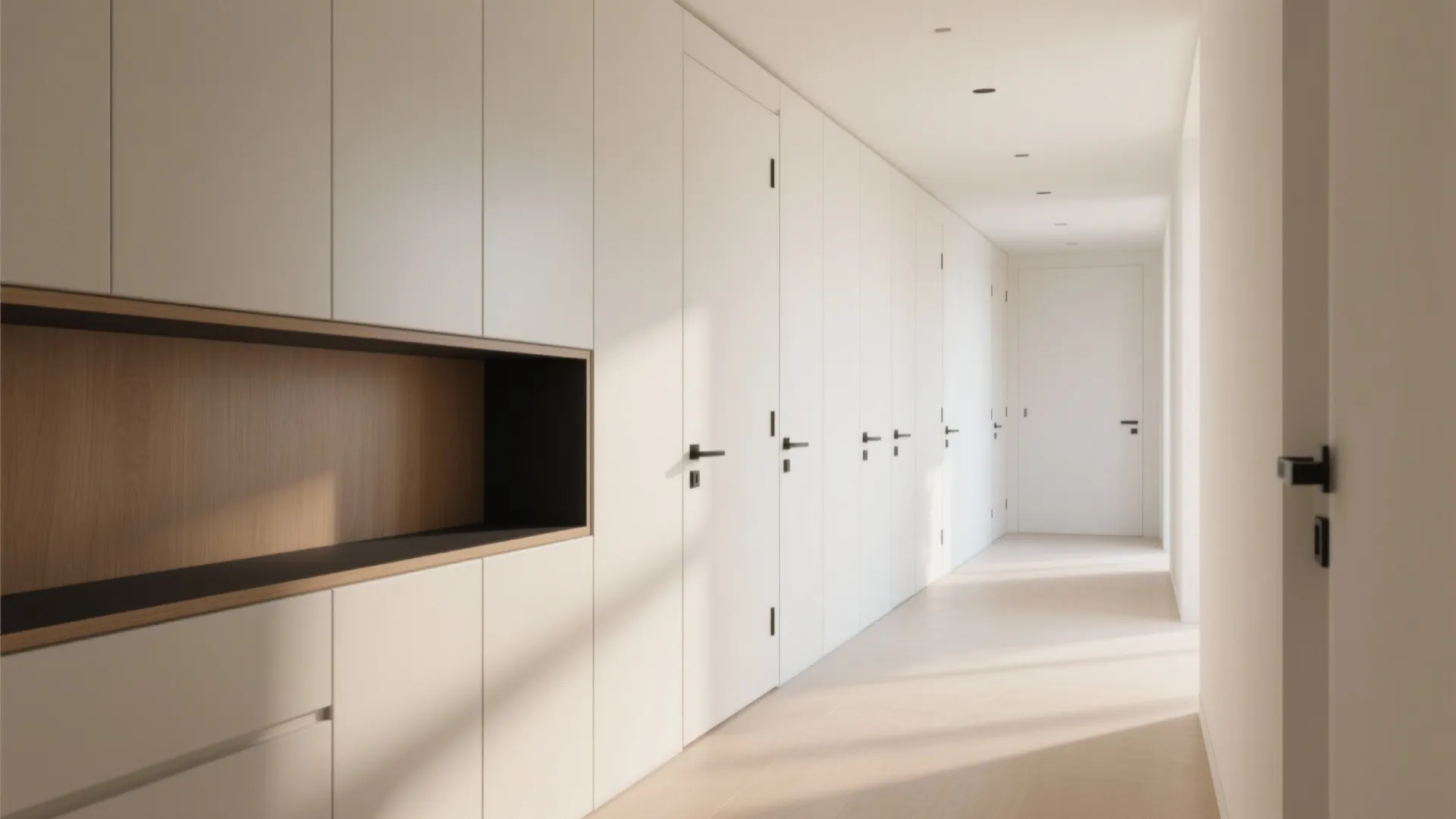 Minimalist hallway storage wall