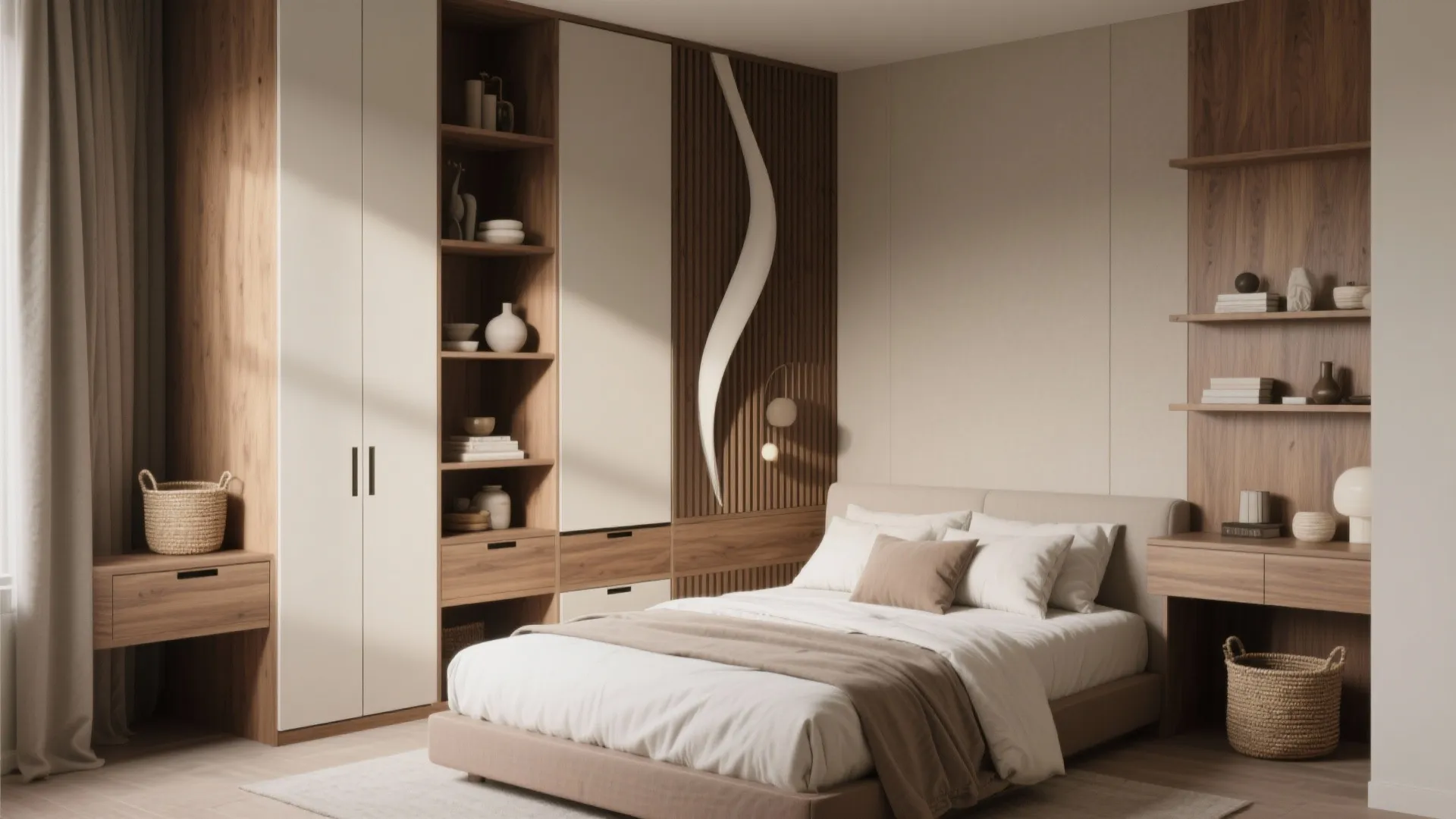 Modern bedroom with built in wooden cabinet storage wall shelves beige bed and decorative wall panel