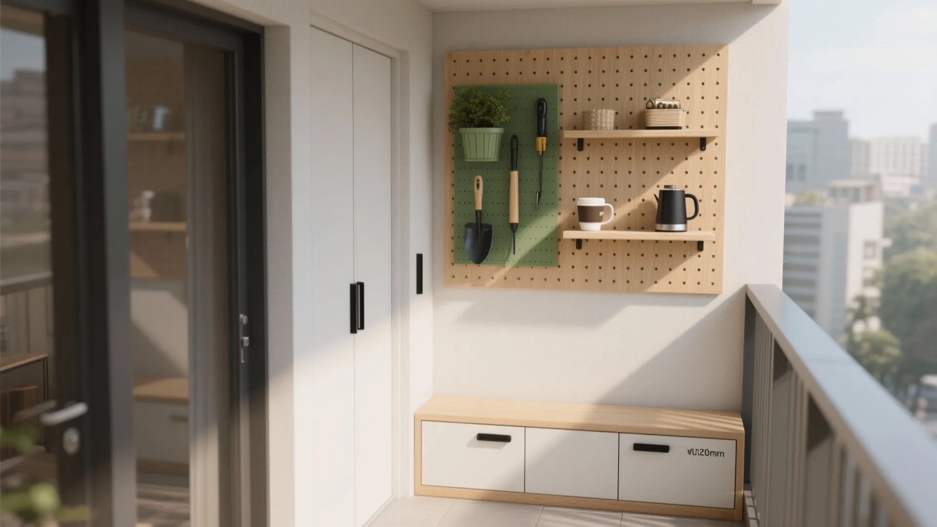 Modern balcony with wooden pegboard wall organizer holding tools and a small white storage cabinet
