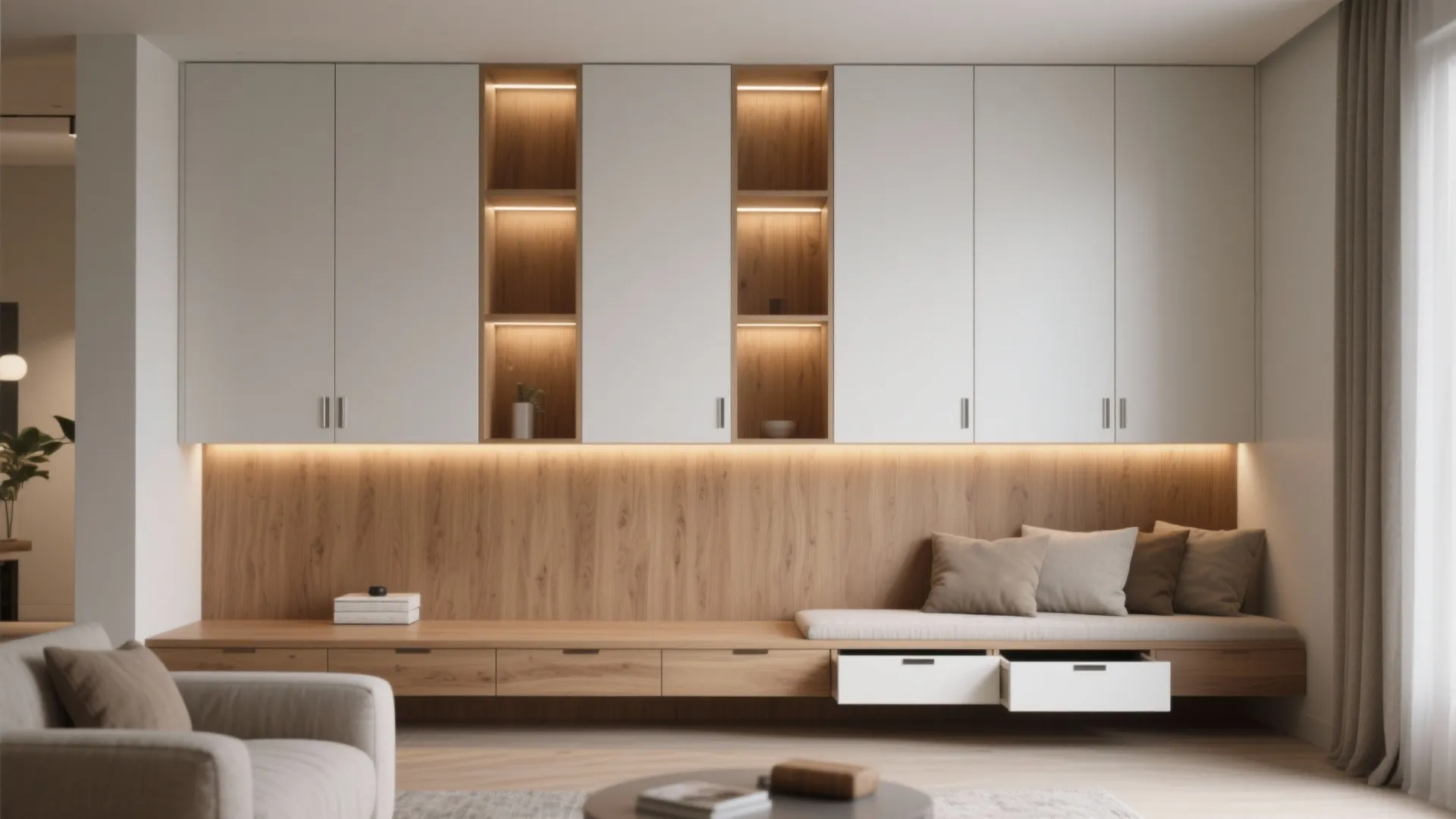 Modern white and wood wall cabinet with built in lights and a comfortable seating bench