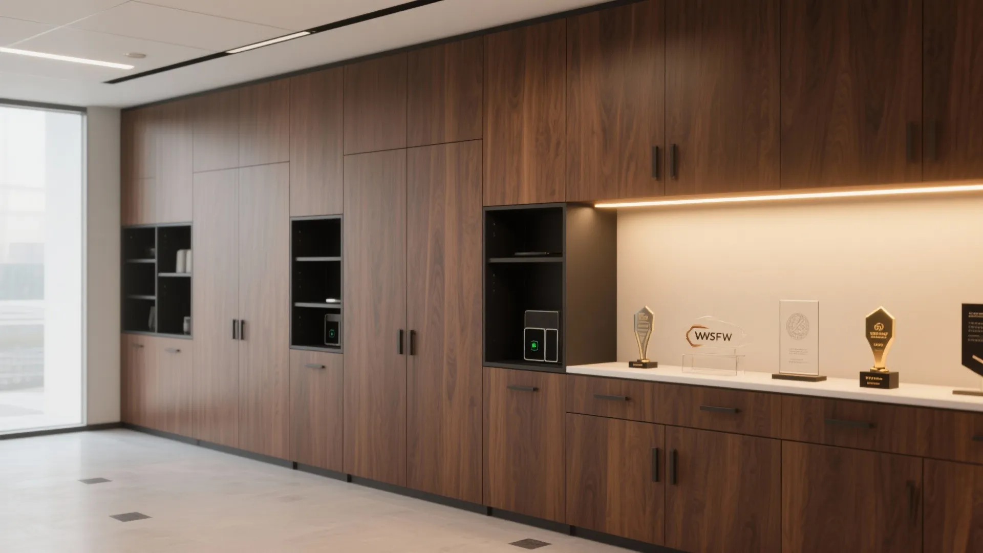 Built-in Wood Storage Wall with Integrated Lighting