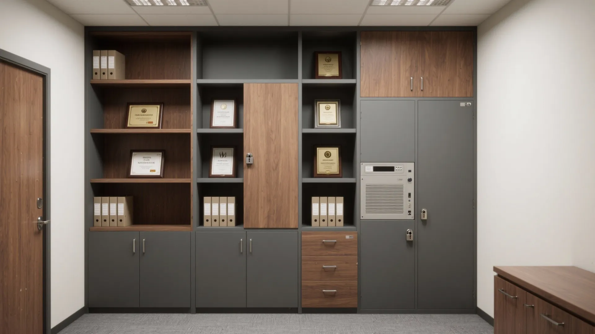 2. Vertical storage wall with secure compartments