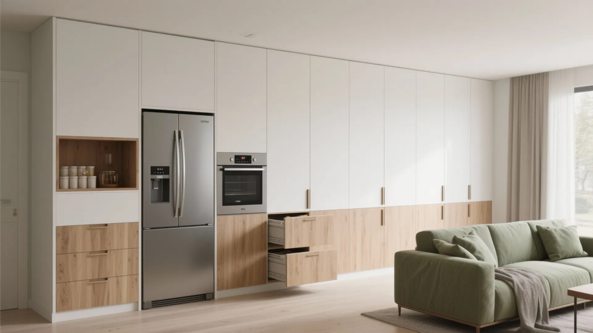 2) A minimalist storage wall that doubles as the living backdrop