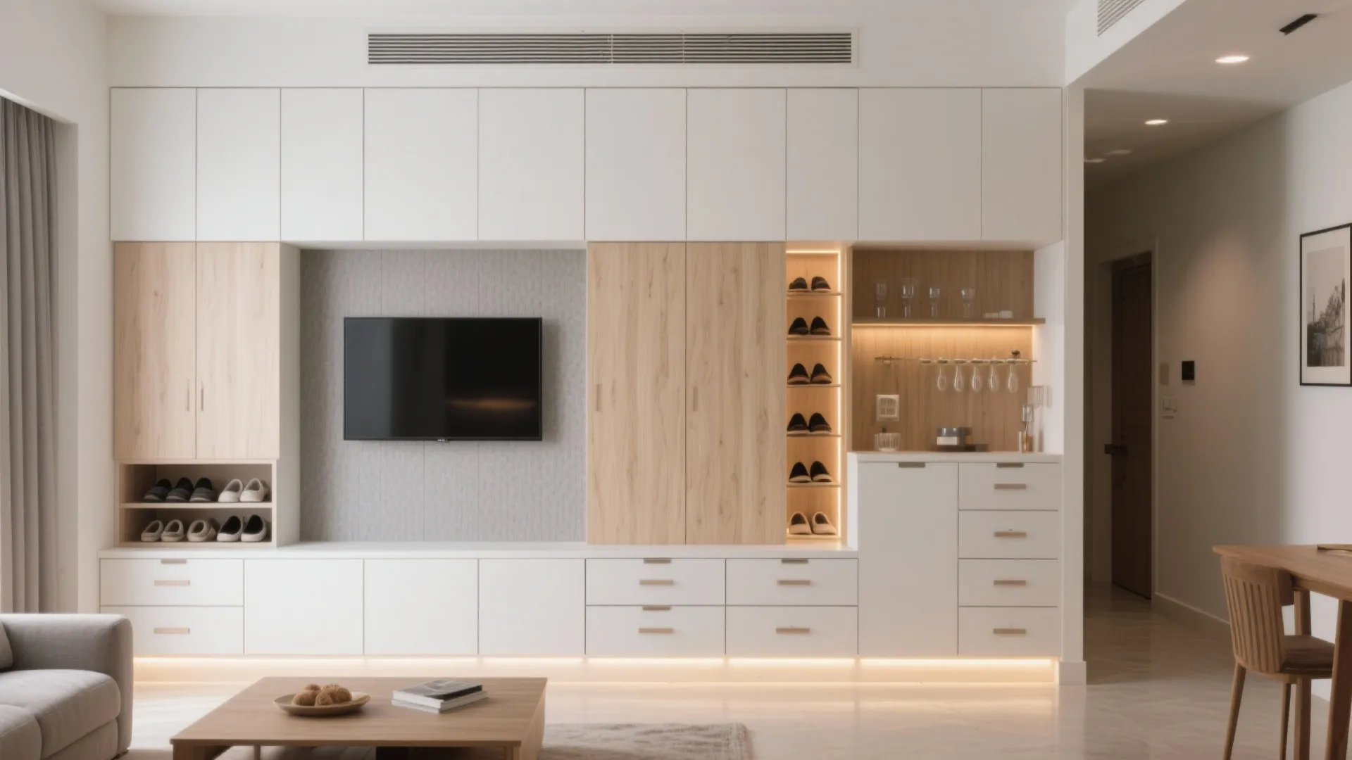 4) A storage wall that doubles as media, bar, and dining hutch
