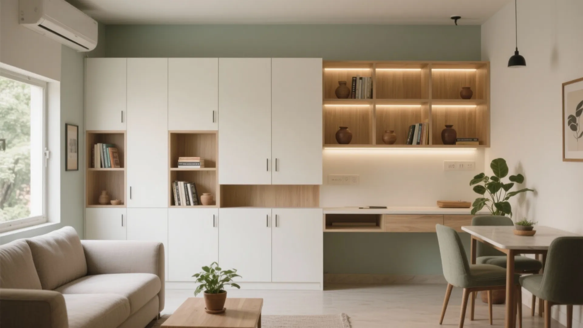 Minimalist storage wall for a 1 BHK living room