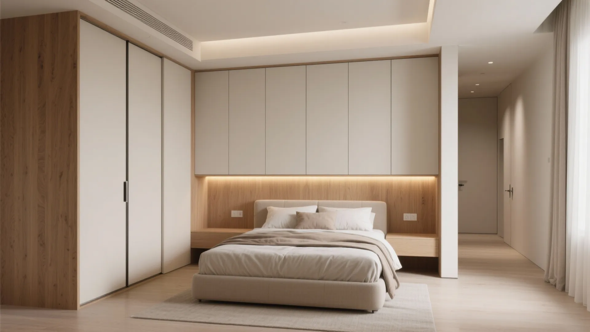 3) Built-in storage walls and recessed headboards