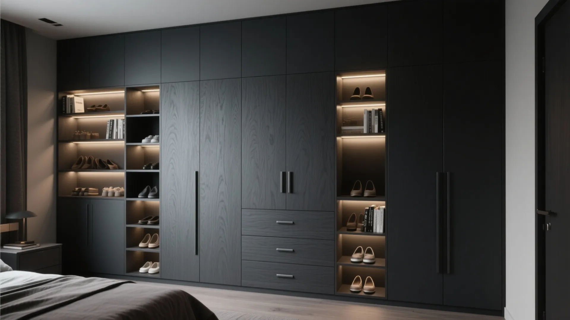 Large dark wood bedroom cabinet wall with built-in shelves for shoes and warm light fixtures