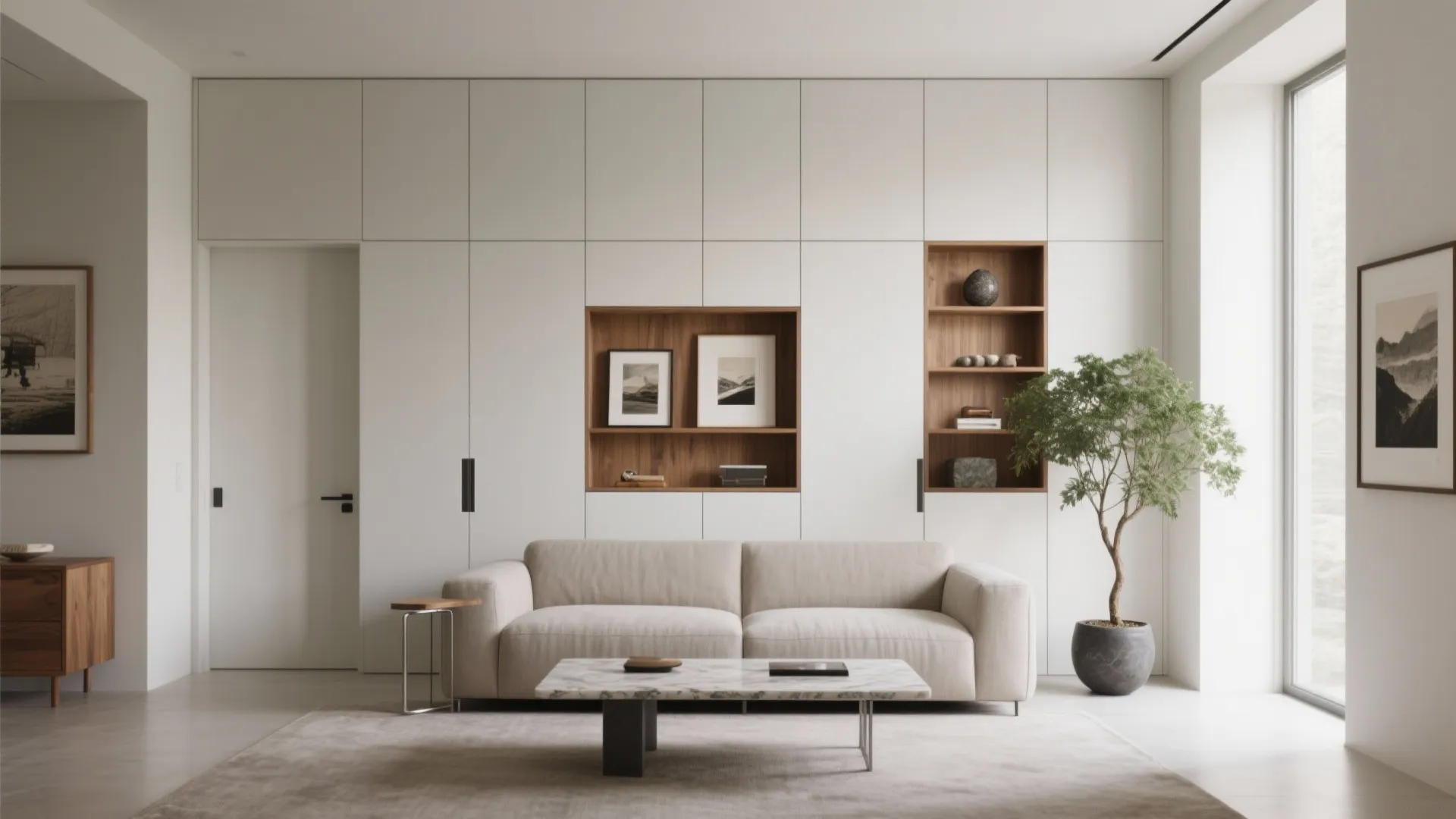 Minimalist storage wall that doubles as a gallery