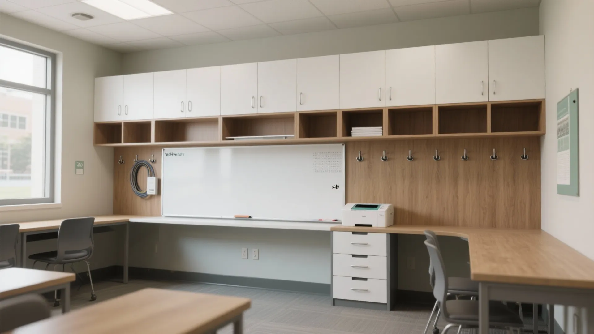 Modern classroom storage wall with white cabinets wooden shelves large whiteboard and grey office chairs
