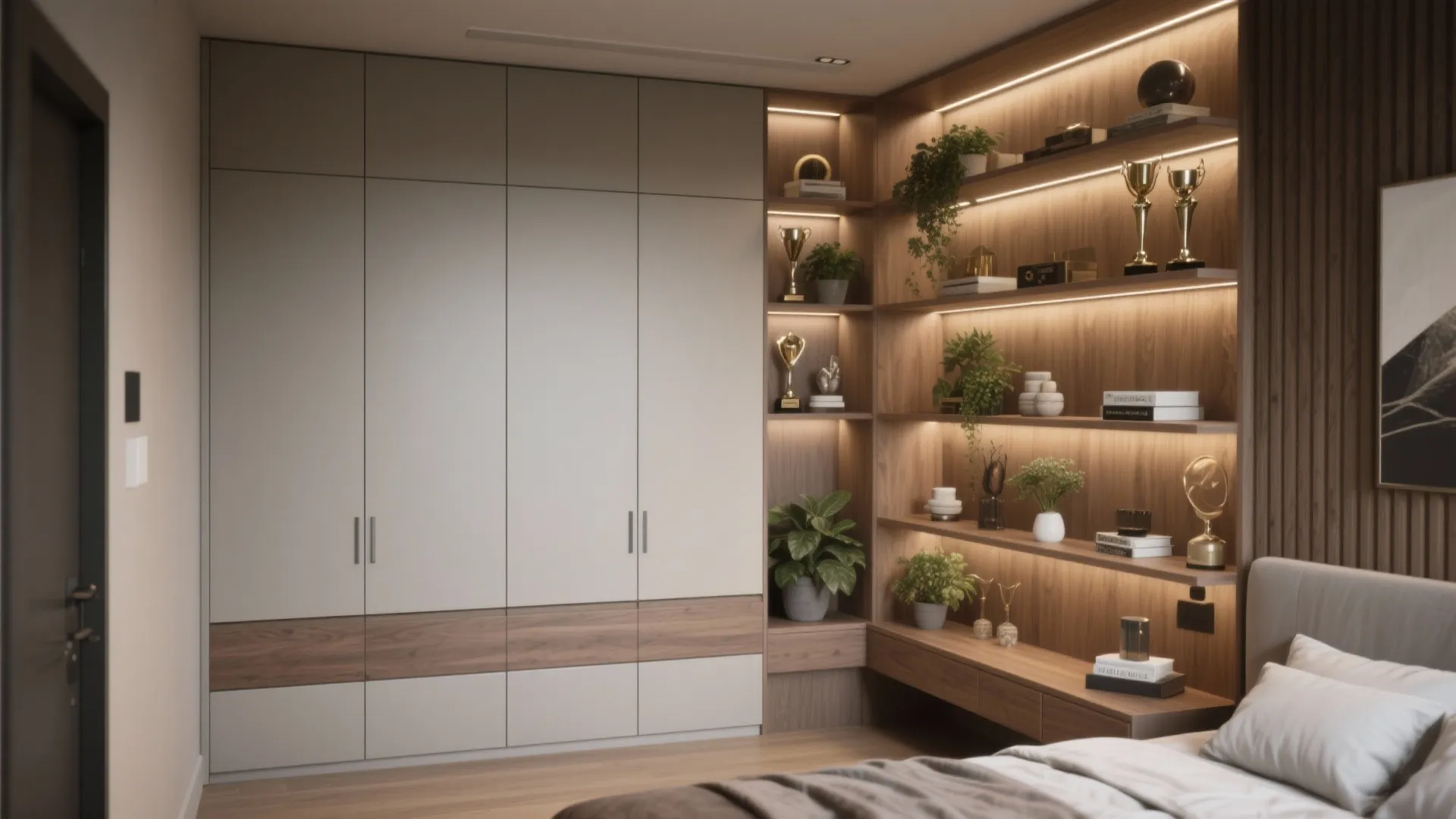 2. Built-in storage wall that doubles as display