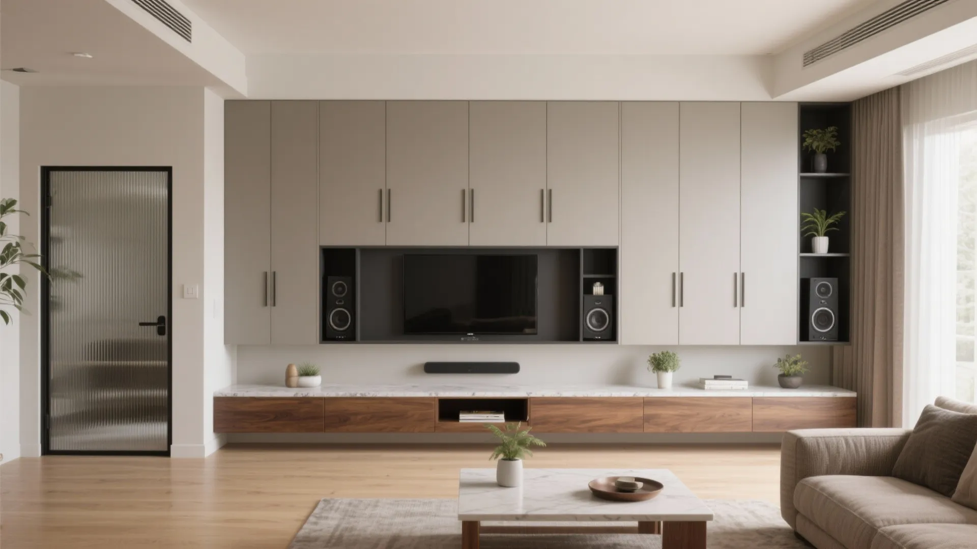 Minimalist storage for a calm living–dining