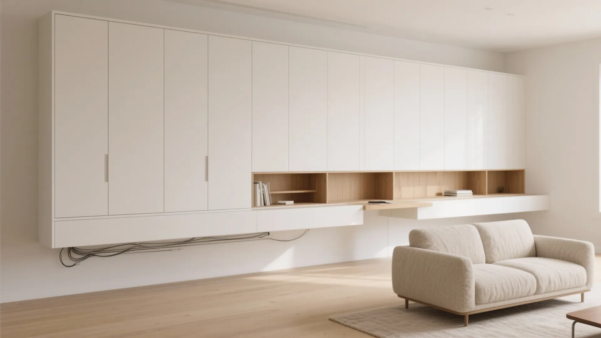 Minimalist white wall cabinet with wood shelves above a beige sofa on a wooden floor