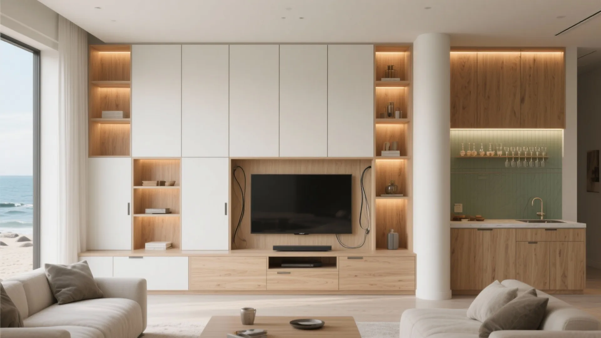 4) Built-in Storage Wall with Warm Wood Accents