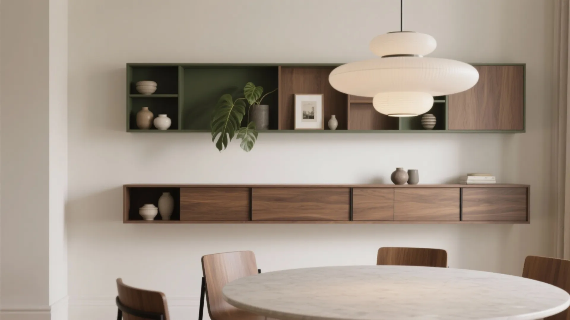 1) Minimalist storage wall + slim credenza